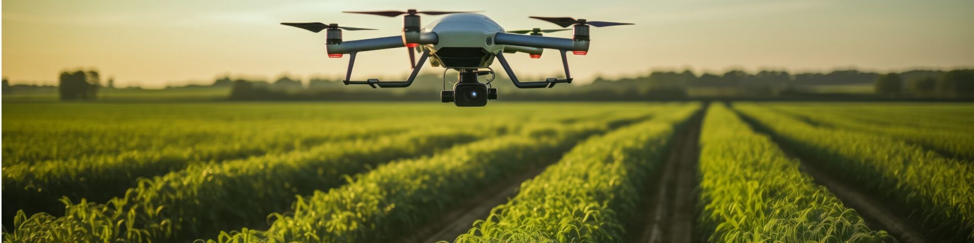 photo of a drone flying over farm fields at sunset