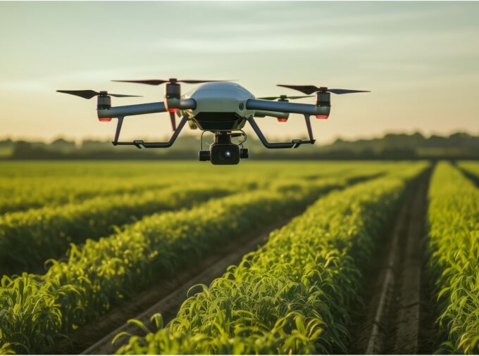 photo of a drone flying over farm fields at sunset