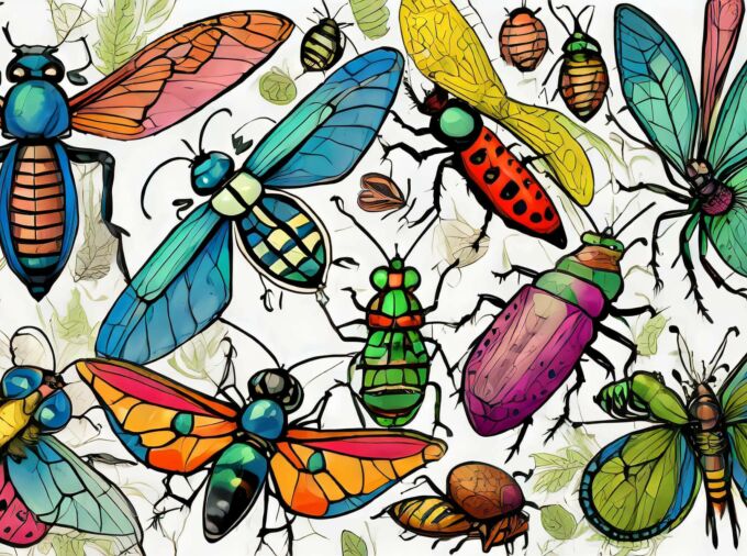 AI generated image of diverse insects bright colorblock white background