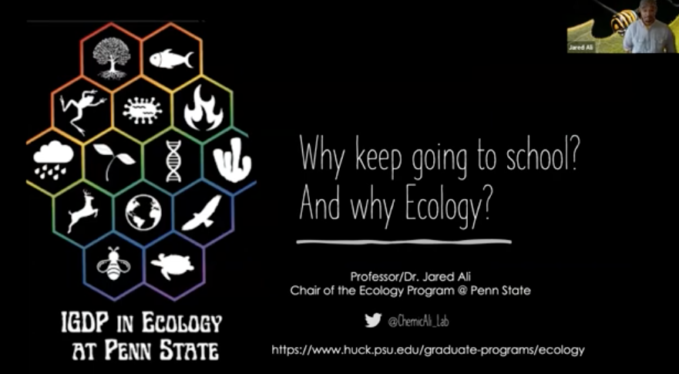 Screenshot of Dr. Ali’s YouTube video poster screen - Why keep going to school? and Why Ecology?