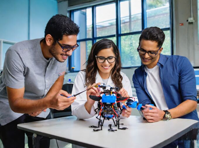 AI-generated image of a team of engineers gathered around a robotic insect in the laboratory